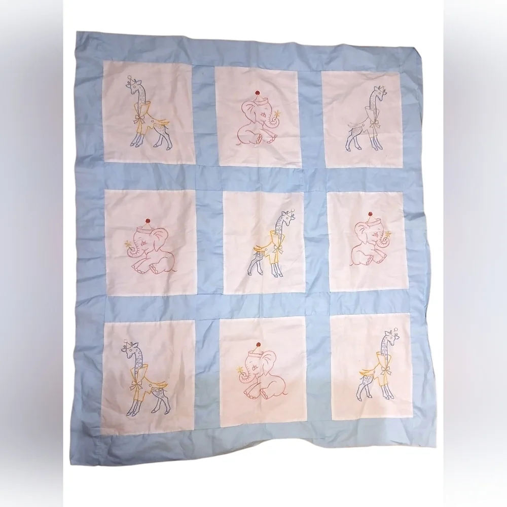 Vintage Quilt Topper Hand Made Hand Embroidred 9 Squares With Blue Edging